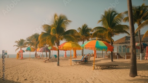 A View of Paradise: Swinging Palms and Pristine Sand on a Tropical Beach, AI Generative 