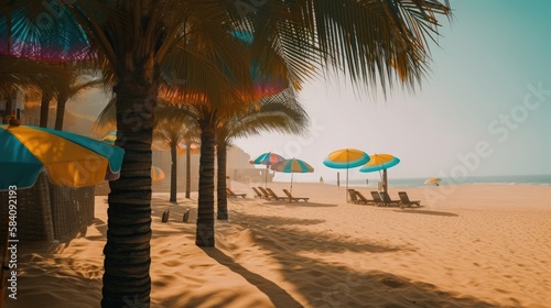 A Slice of Heaven: A Picturesque Beach Scene with Swinging Palms, AI Generative 