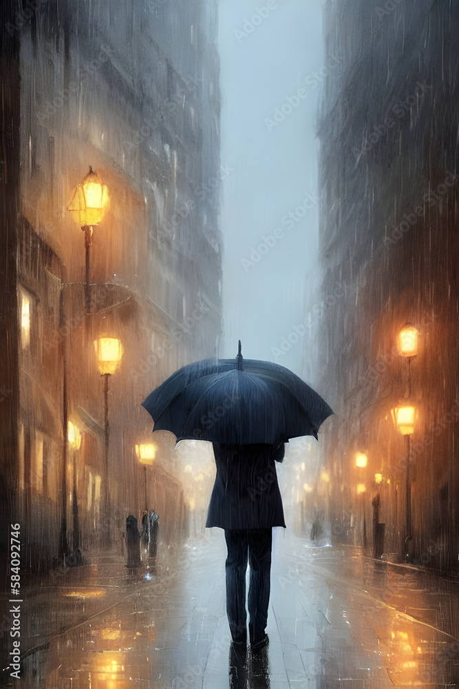 Man Walking in The Rain