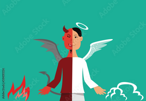 A person with half-evil and half-angel personas. Heaven and hell concept. Editable Clip Art.
