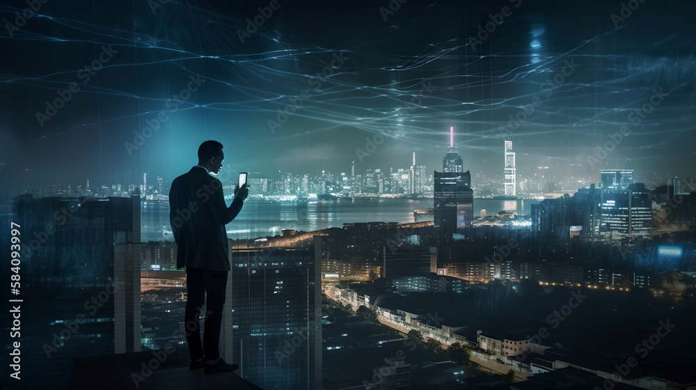 Double exposure of businessman use smartphone, urban in night wih technology (ai generated) Double exposure of businessman use smartphone, urban in night wih technology (ai generated)