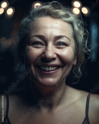Smiling attractive mature caucasian woman looking at the camera. Generative AI