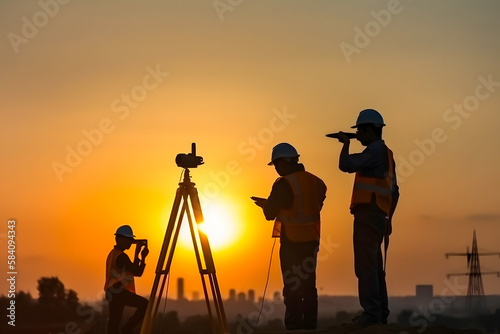 Silhouette of construction engineer and workers at sunset. Generative AI