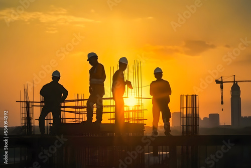 Silhouette of construction engineer and workers at sunset. Generative AI © Kenishirotie