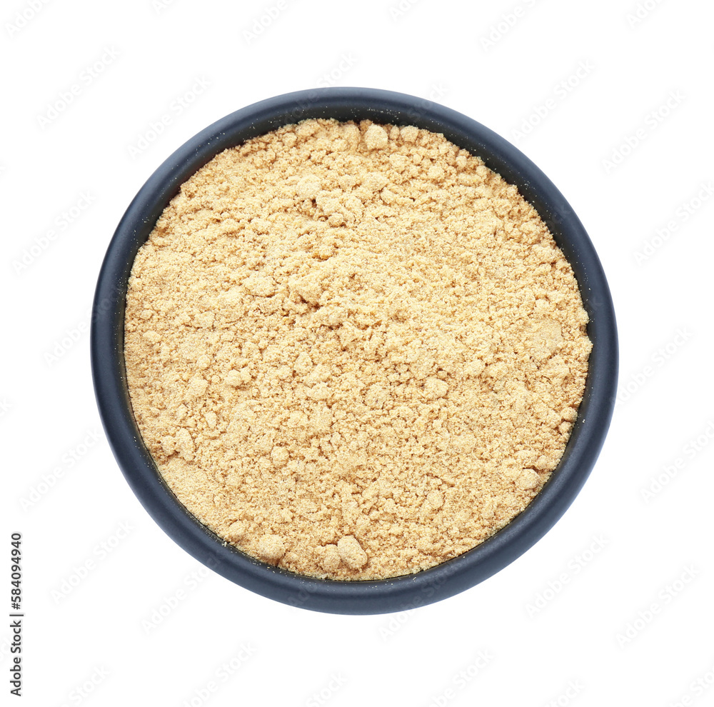 Aromatic mustard powder in bowl on white background, top view Aromatic mustard powder in bowl on white background, top view