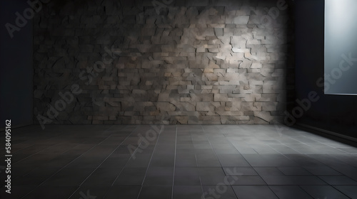 Empty light dark wall with beautiful chiaroscuro and stone floor (ai generated) © SpringsTea