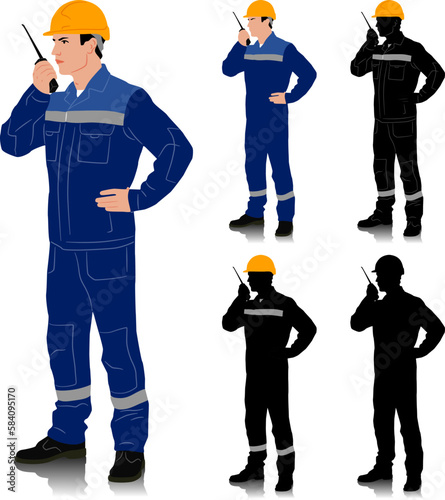 Silhouette of worker with a helmet. А worker with a walkie-talkie. Different color options. Hand drawn vector illustration isolated on white. Full length view	