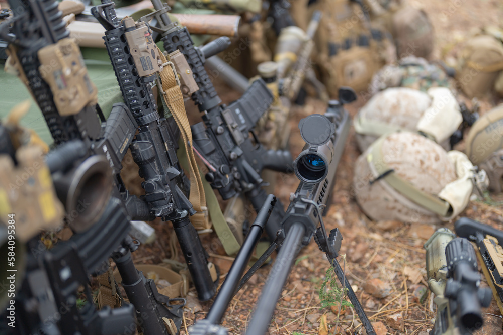 Gun weapons bags and bullets for Army marine corps soldier military war participating and preparing to attack the enemy in Thailand during Exercise Cobra Gold in battle. Combat force training. Gun weapons bags and bullets for Army marine corps soldier military war participating and preparing to attack the enemy in Thailand during Exercise Cobra Gold in battle. Combat force training.