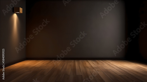 Empty light dark wall with beautiful chiaroscuro and wooden floor (ai generated) © SpringsTea