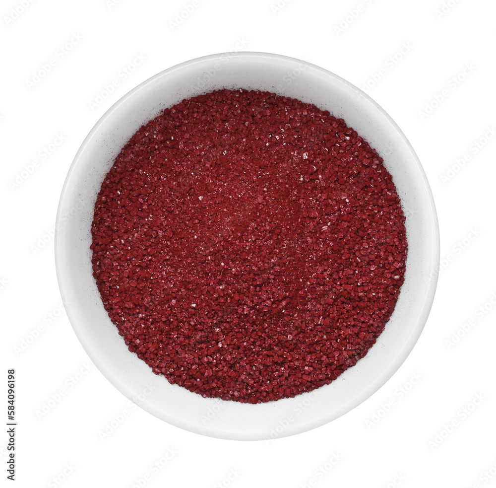 Bowl with dark red food coloring isolated on white, top view Bowl with dark red food coloring isolated on white, top view