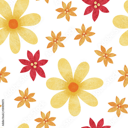 Watercolor floral seamless pattern. Red, yellow and orange flowers falling on white background. Raster illustration for fabric, packaging, textile, apparel, wallpaper © Shakhnoza