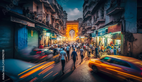 a busy street in Mumbai, with the bustling crowds and vibrant street life of the city, long exposure - Generative AI