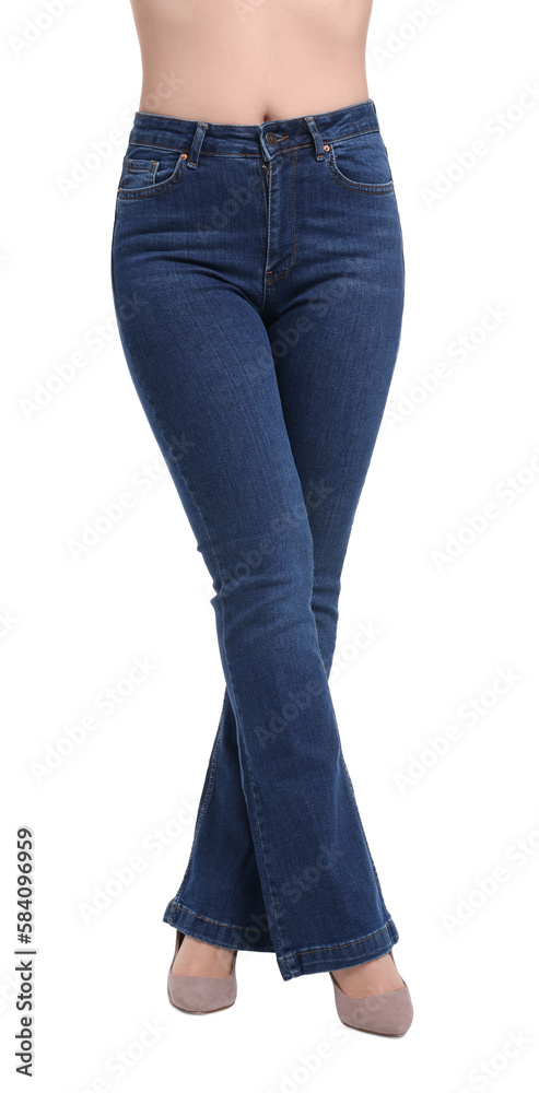 Woman in stylish jeans on white background, closeup Woman in stylish jeans on white background, closeup