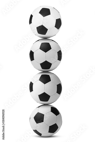 Stack of soccer balls on white background