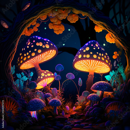 Fantastic glowing mushrooms in a magical forest. Generative AI