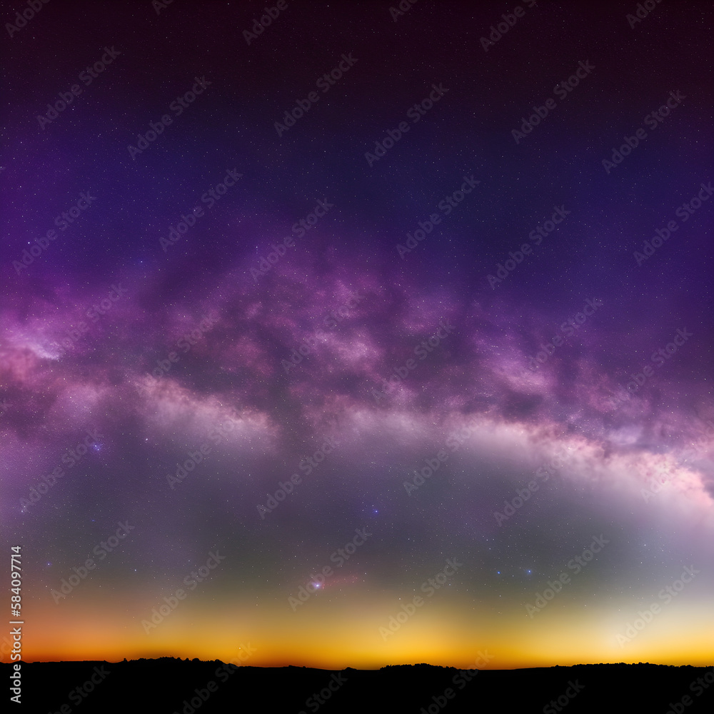 View of the Milky Way at dusk, with accented shades of purple and yellow