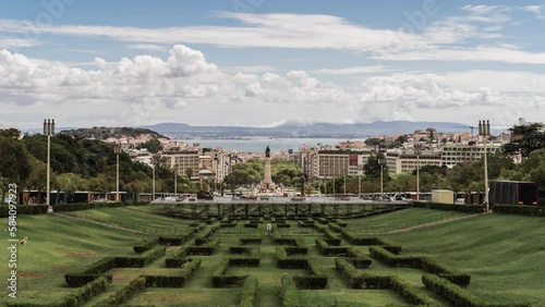 timelapse of lisbon city with clouds passing behind, viewpoint Eduardo VII park in marques de pombal photo