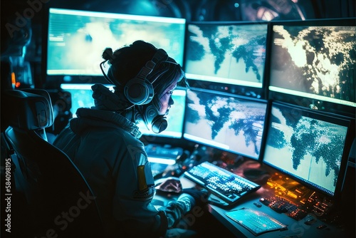 Fictional Astronaut and Hacker in Front of the Screen in a Room Full of Computers Generated by AI