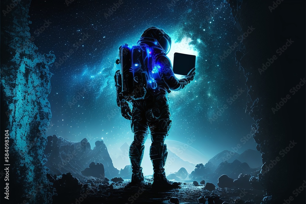 Fototapeta premium Fictional Astronaut Looking at his Tablet trying to Understand the Mission Generated by AI