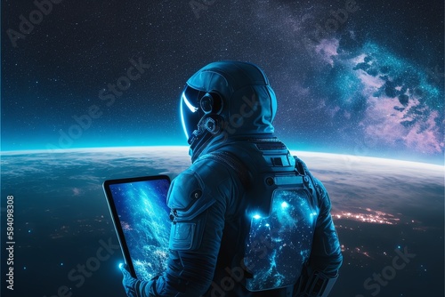 Fictional Astronaut Looking at his Tablet trying to Understand the Mission Generated by AI