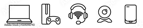 Conjunto de iconos de entretenimiento. Pasatiempos, estilo de vida. Dispositivos electrónicos, ordenador, videojuego, audio, cámara web, móvil. Ilustración vectorial