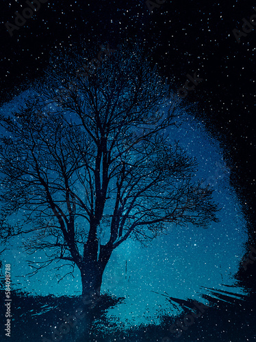 big lone tree silhouette illustration in grunge vintage style © PT88