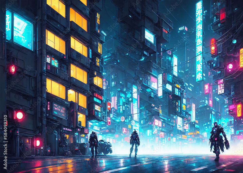 Androids walking in night city
