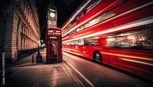 a double-decker bus driving through the empty streets of London at night, with the iconic red telephone booths and historic architecture of the city, long exposure - Generative AI