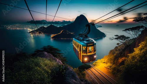a cable car descending a mountain in Rio de Janeiro at dusk, with the stunning views of the city and ocean - Generative AI