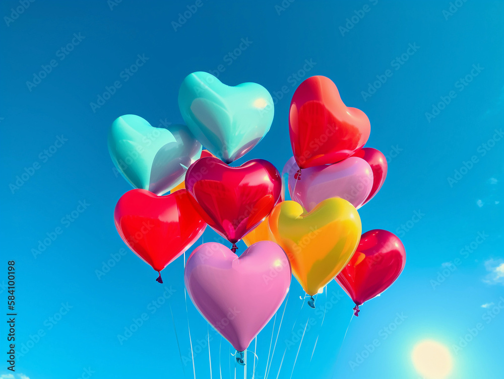 heart shaped balloons in a blue sky