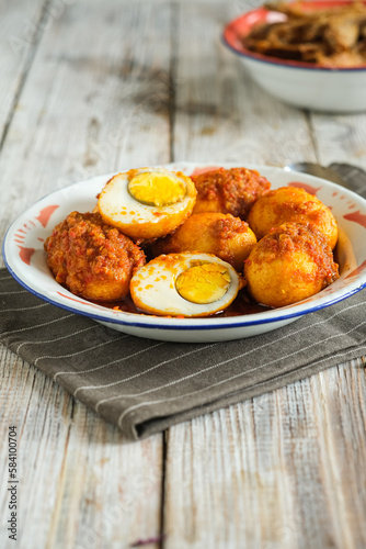 telur balado or spicy egg is traditional popular food made from boiled egg with tomato and paste chili or sambel