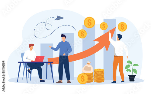 Business concept. Startup managers presenting and analyzing sales growth chart. Group of workers with heap of cash. Vector illustration
