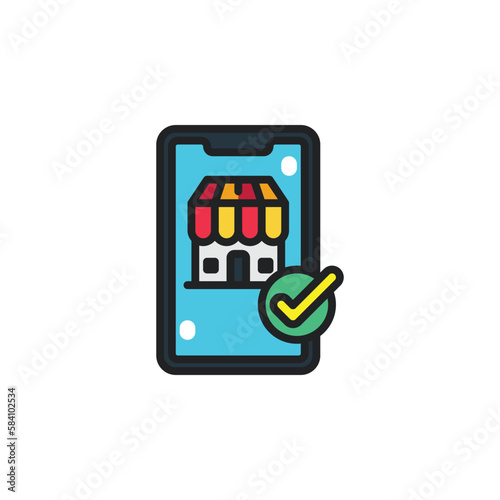 Online shop on mobile filled outline icons. Vector illustration. Isolated icon suitable for web, infographics, interface and apps.