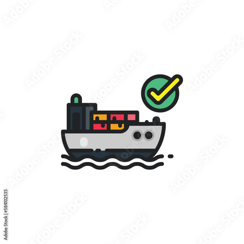 Cargo ship with check mark, shipment filled outline icons. Vector illustration. Isolated icon suitable for web, infographics, interface and apps.