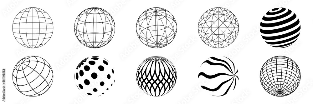Set of abstract geometric shapes or trendy geometric shapes inspired brutalism. Flat vector illustration with 3d wireframe models. Concept psychedelic techno style.