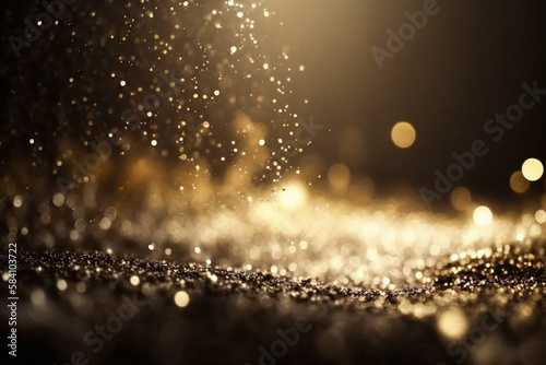 gold and silver colored glowing glow bokeh out of focus particles and lights and waves. Abstract glamour high tech technology background. Generative AI