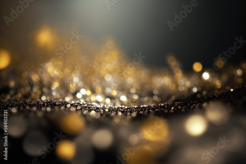 gold and silver colored glowing glow bokeh out of focus particles and lights and waves.  Abstract glamour high tech technology background. Generative AI © Distinctive Images