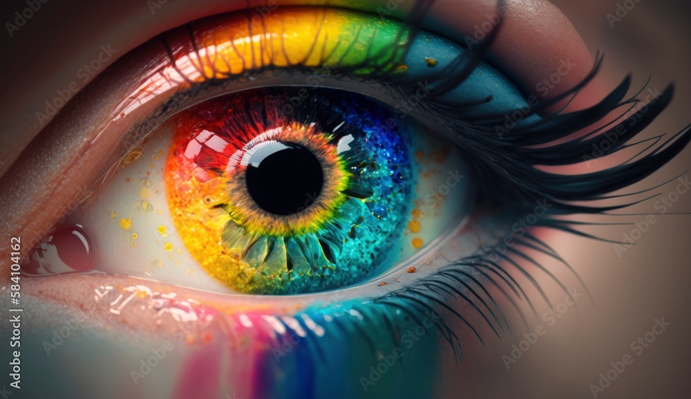 Female eye with colorful pupil. Close up of rainbow eye. Created with generative ai