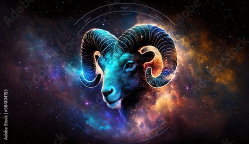 Aries zodiac sign against space nebula background. Astrology calendar. Esoteric horoscope and fortune telling concept. Created with Generative AI