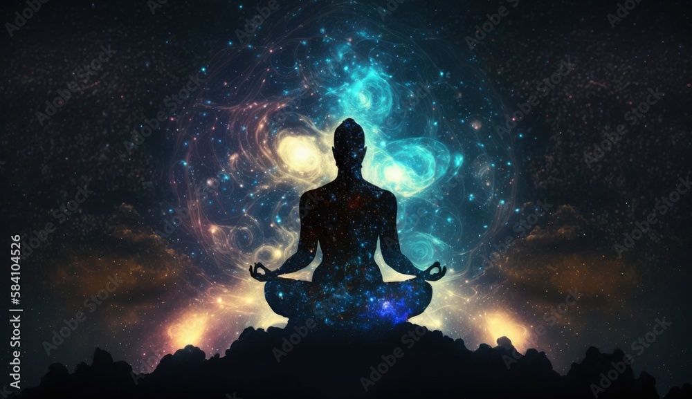 Astral body silhouette in lotus pose practicing yoga against cosmic background. Meditation, connection with other worlds. Spiritual life and esoteric concept. Created with Generative AI
