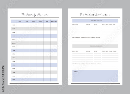 The Product Evaluation and the priority Planner. Minimalist planner template set. Vector illustration.