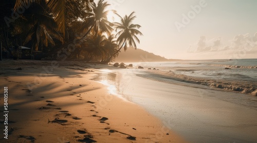 A Day in Paradise: Tranquil Beach with Palm Trees and White Umbrellas, AI-Generated 