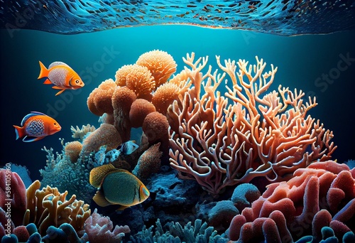 Fotografia An artwork depicting coral reef and fish swimming near corals on the ocean floor
