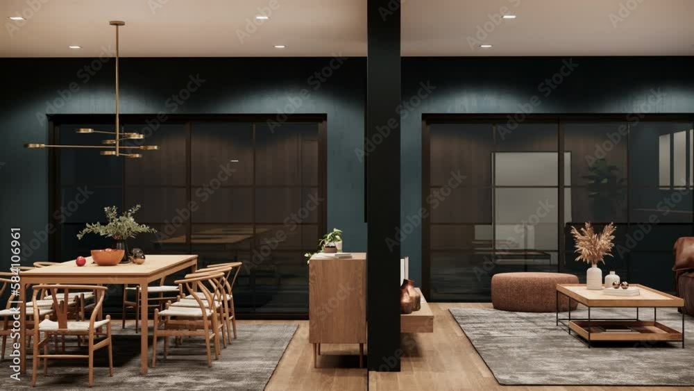 3d visualization rendering animation. Contemporary interior design of the apartment stylish. interior of dark color kitchen-living room decorate witn wood brown furniture. night scene.