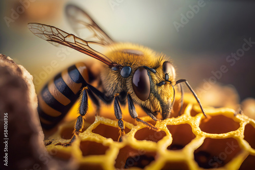 Close up of Honeybee Resting on Honeycomb, Macro bee sitting on beehive, generative ai