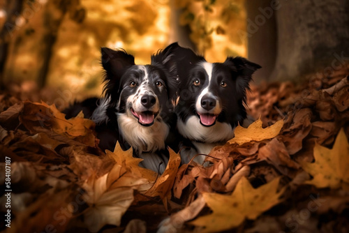 Generative AI image of two border collies in a pile of leaves