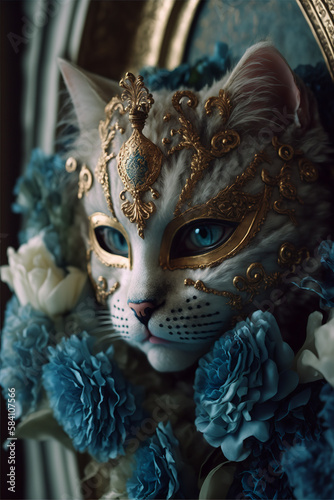 Cat Venetian Masquerade floral blooms Generative AI