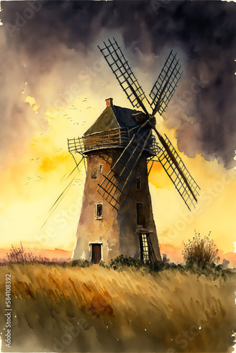 old windmill standing tall against a sunset Generative AI