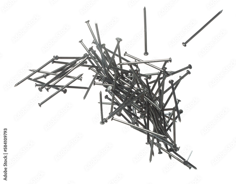 Long Nail fly floating in mid air. Many group new long nails metal fall as construction tools. Abstract long nails explode unbox. White background isolated high speed shutter freeze motion