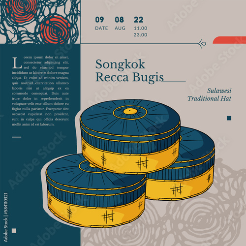 sulawesi culture hat traditional culture called songkok recca bugis indonesia handrawn illustration